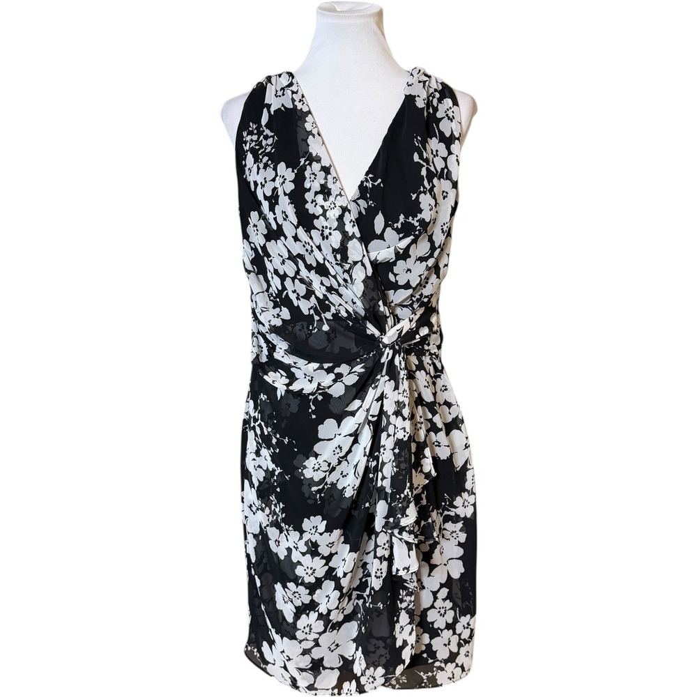 Lauren Ralph Lauren Floral Sheath Dress Wo 12 Black White Faux Wrap Ruched